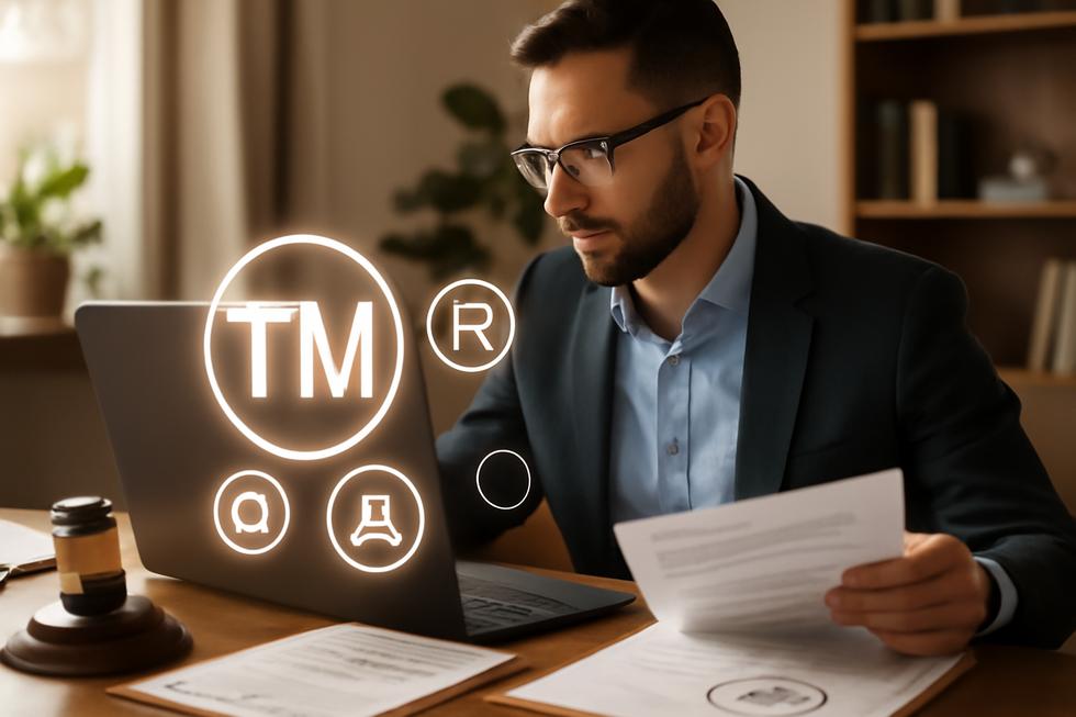 Business owner using a laptop surrounded by trademark documents and brand logos, symbolizing brand protection.