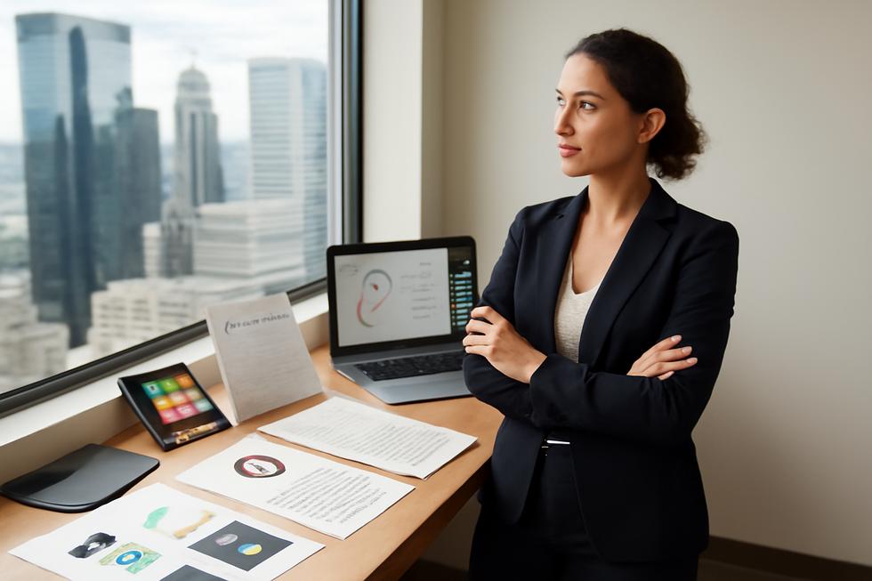 Confident business owner with branding visuals and legal documents in a modern office setting.