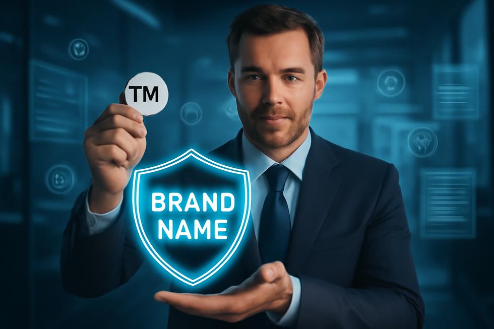 Business owner holding a trademark symbol with a glowing shield and digital brand protection representation.