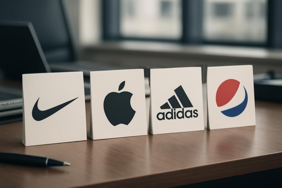 Photo-realistic image showing multiple famous brand logos arranged in a professional business environment