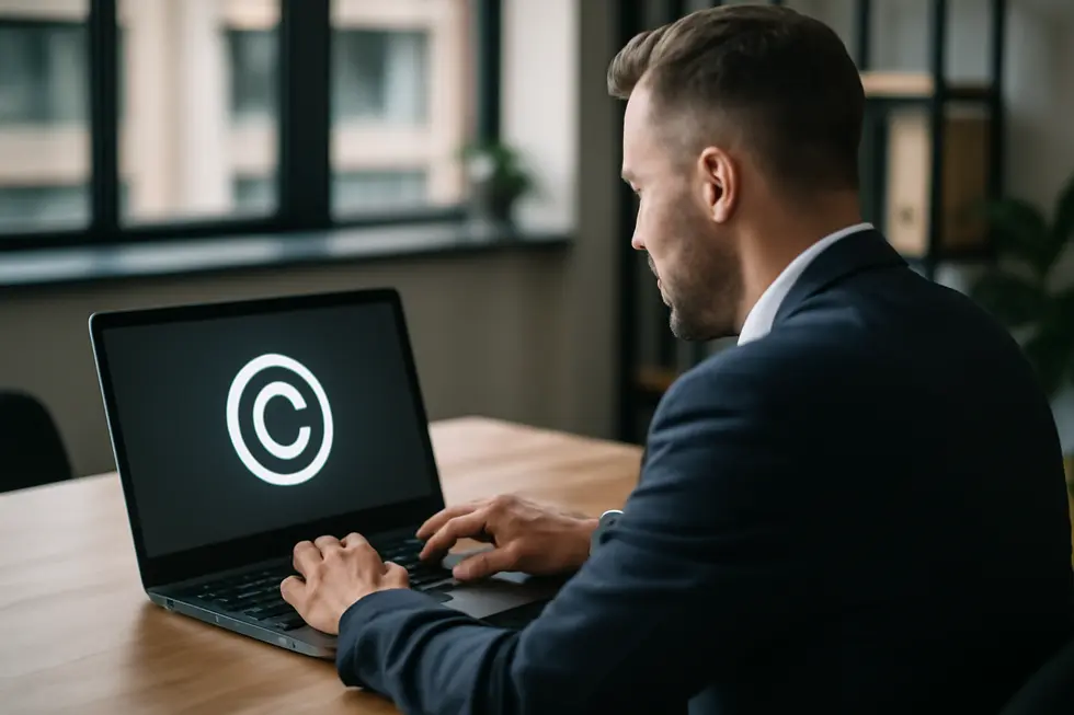 Business owner reviewing the significance of a copyright message on a website to protect digital content.