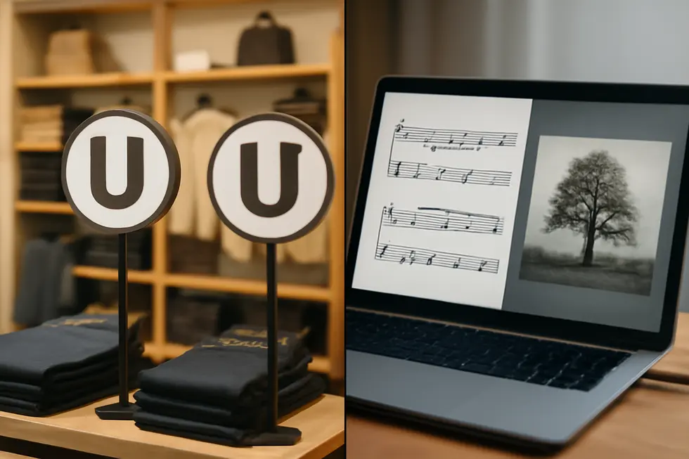 Visual contrast between trademarks protecting brand elements and copyrights safeguarding creative works.