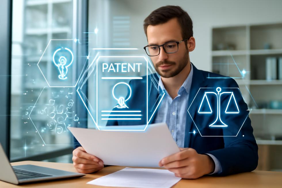 A business owner in a modern office examining patent papers alongside digital icons representing legal and technological innovation.
