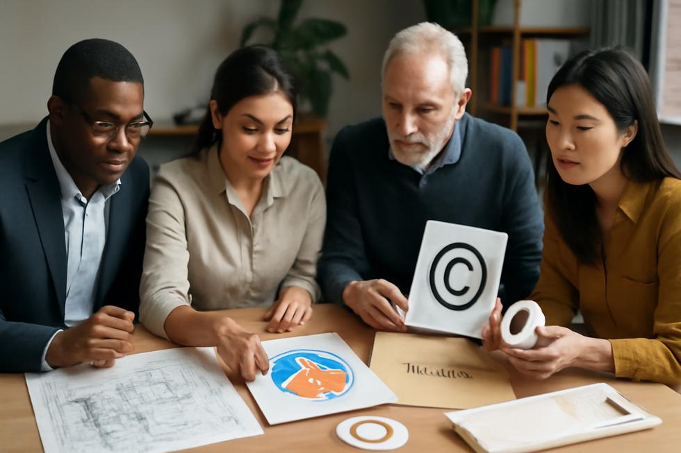 A diverse group of professionals around a table with prototypes, logos, and IP documents symbolizing intellectual property protection.