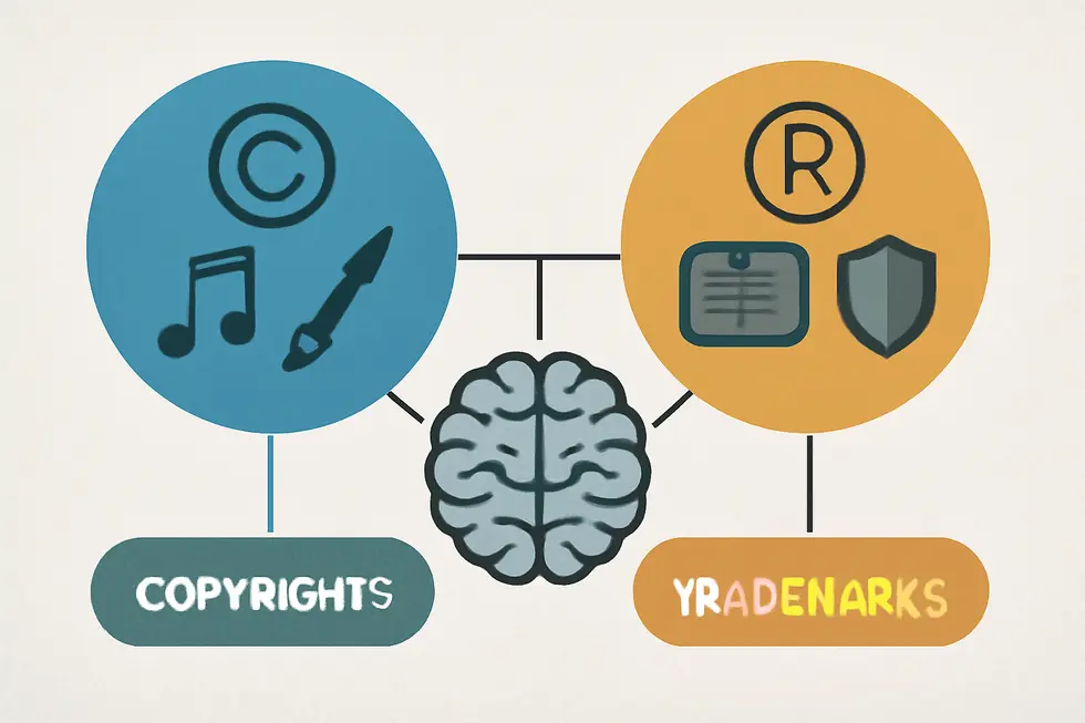 Visual depiction of copyrights and trademarks as key categories within intellectual property.