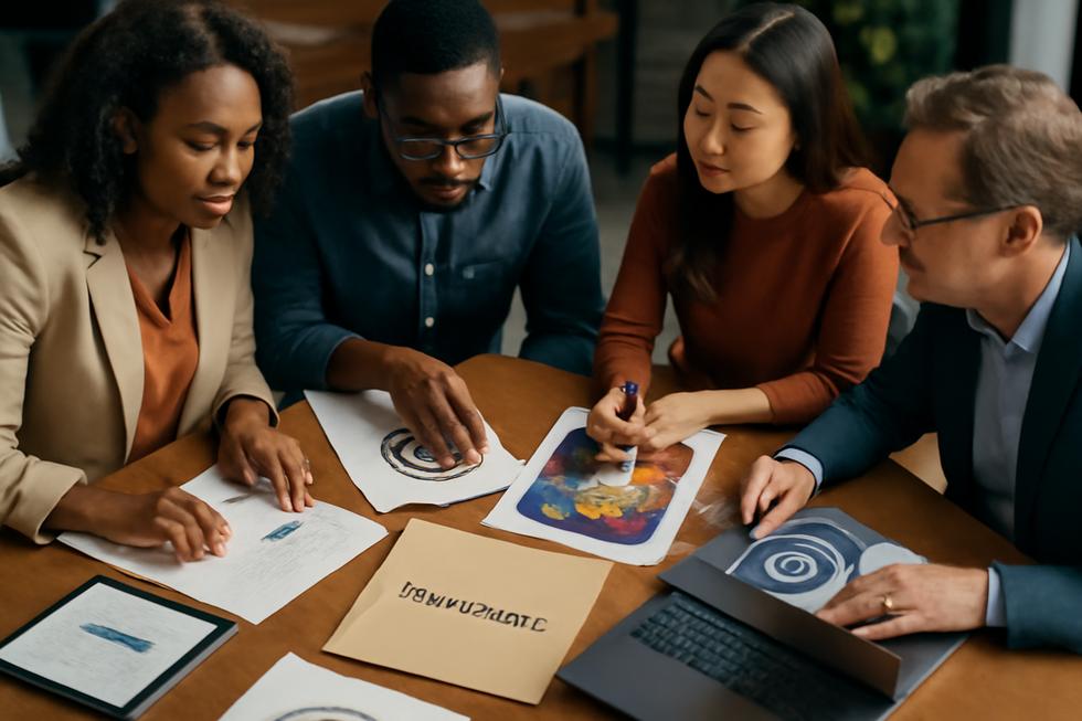 A diverse group of professionals around a table with documents and digital devices representing patents, trademarks, copyrights, trade secrets, and domain names.