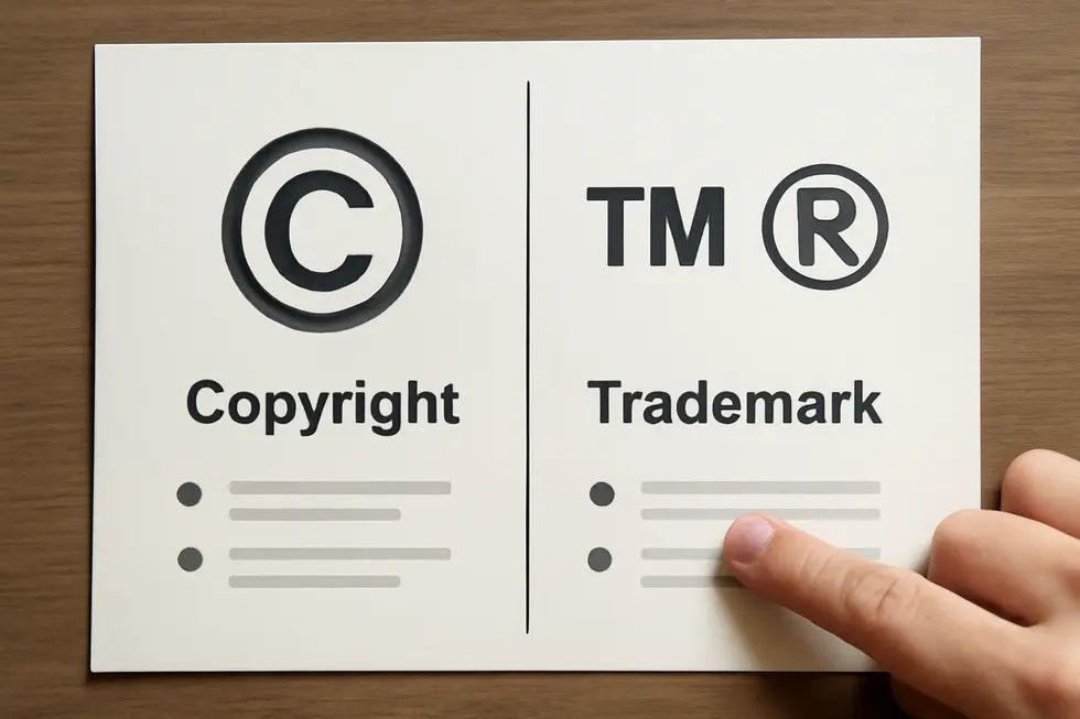 Visual comparison of copyright and trademark symbols representing their distinct roles in protecting company names.