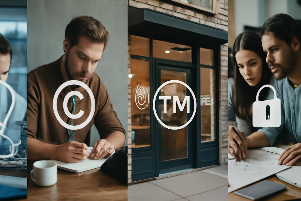 Scientists, writers, designers, and branded storefronts illustrating intellectual property rights including patents, copyrights, trademarks, and trade secrets.