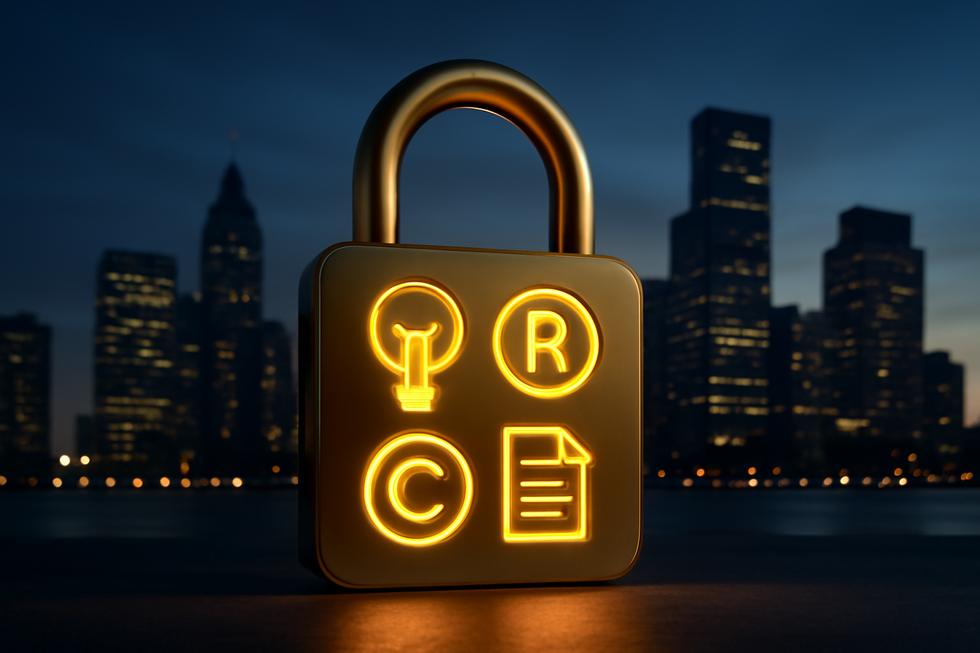 Golden lock with patent, trademark, copyright, and trade secret icons glowing over a modern city skyline at dusk.