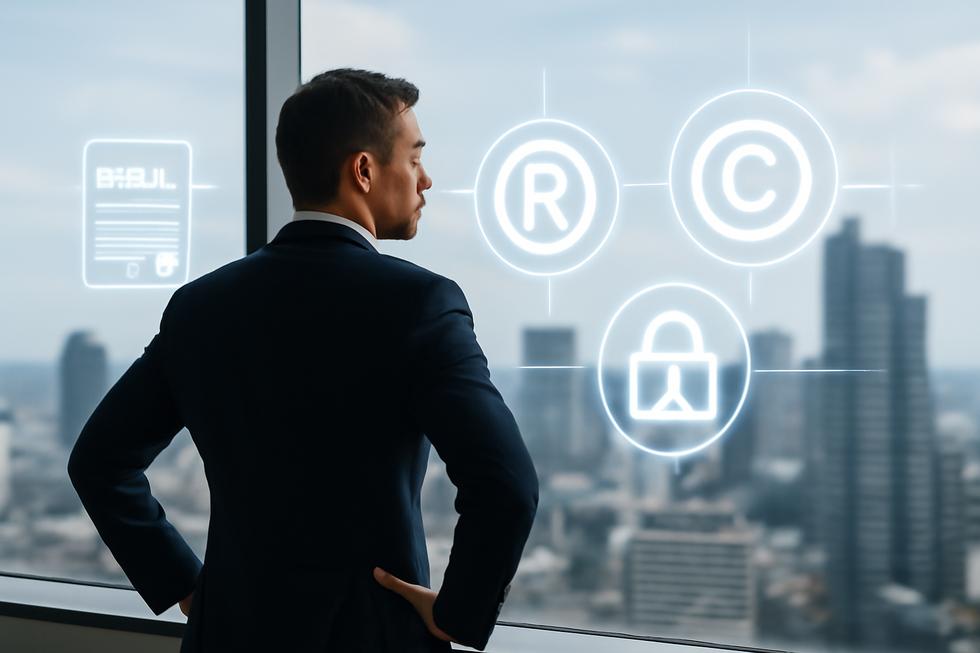 Business owner overlooking city with digital intellectual property icons around