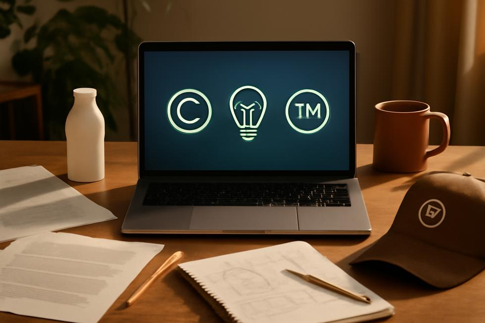Laptop showing copyright, patent, and trademark icons with related documents and items on a desk.