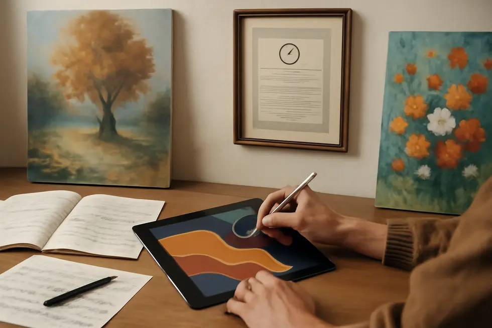 An inventor presenting a prototype alongside patent documents highlighting the legal protections for inventions.