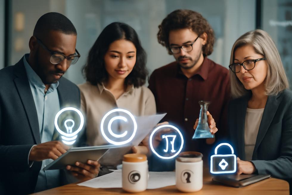 Diverse professionals and business owners interacting with icons representing key intellectual property types in a modern workspace.