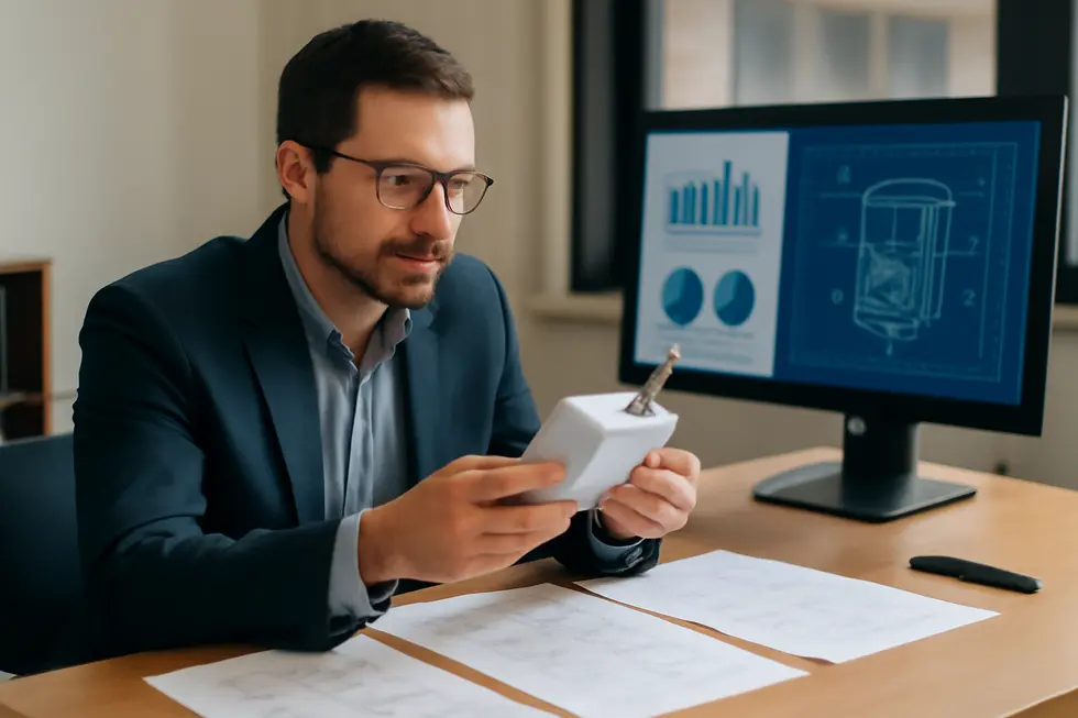 An inventor presenting a prototype alongside patent documents highlighting the legal protections for inventions.
