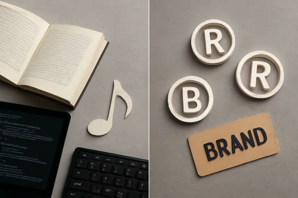 Business owner examining copyright and trademark concepts with legal symbols and documents.