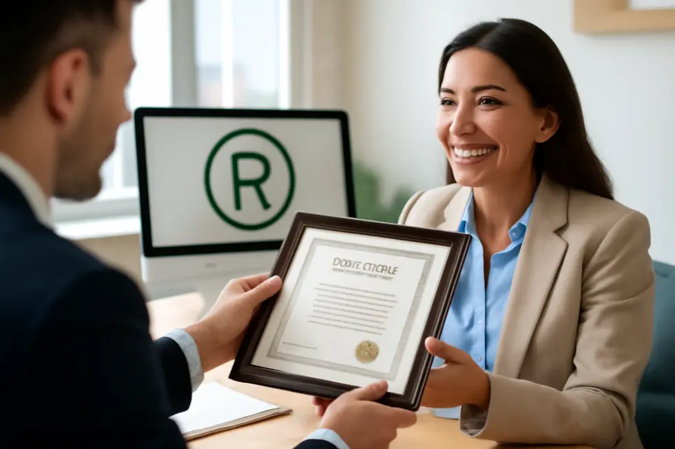 Business owner weighing the decision to trademark a logo, highlighting the consideration of legal protection.