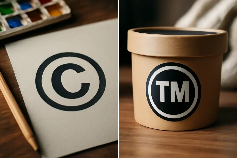 Visual comparison of copyright versus trademark protection for names and logos.