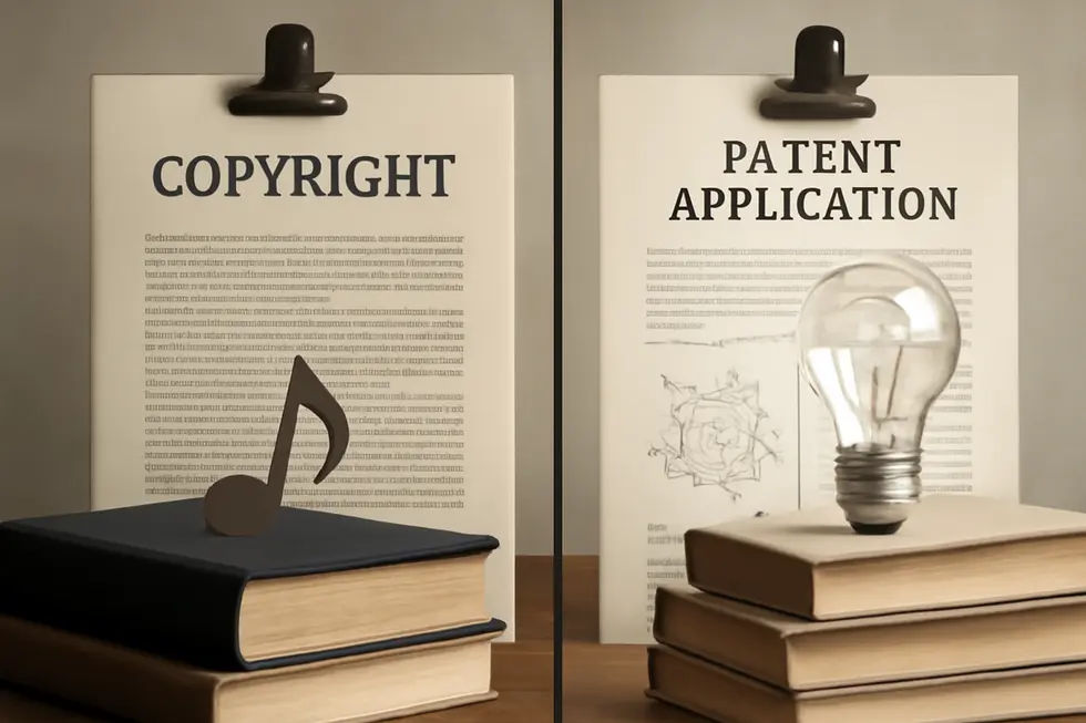 Visual comparison of legal documents representing copyright and patent protections.