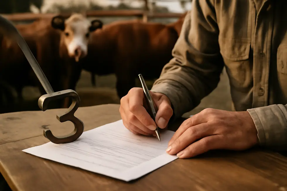 A rancher completing official paperwork for cattle brand registration, highlighting legal procedures.