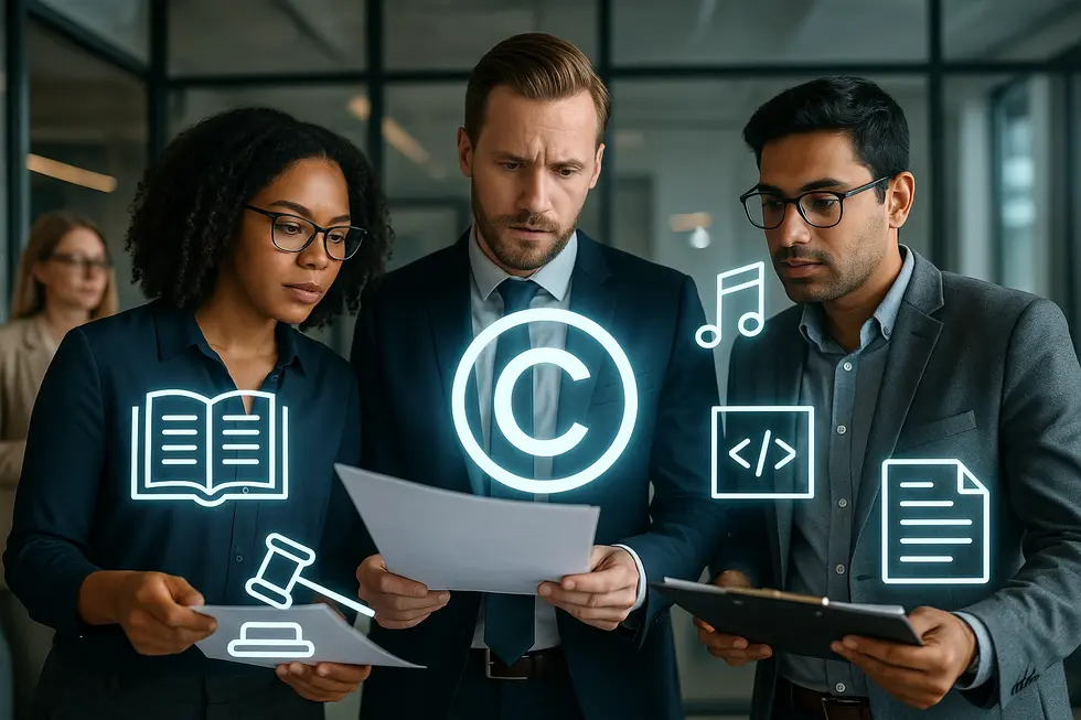 Business owners analyzing copyright legal protections critical to safeguarding their intellectual assets.