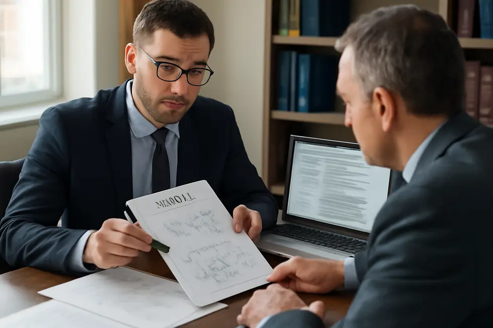 A patent attorney reviewing innovation patent documents with a business owner, illustrating the legal aspects of patent protection.