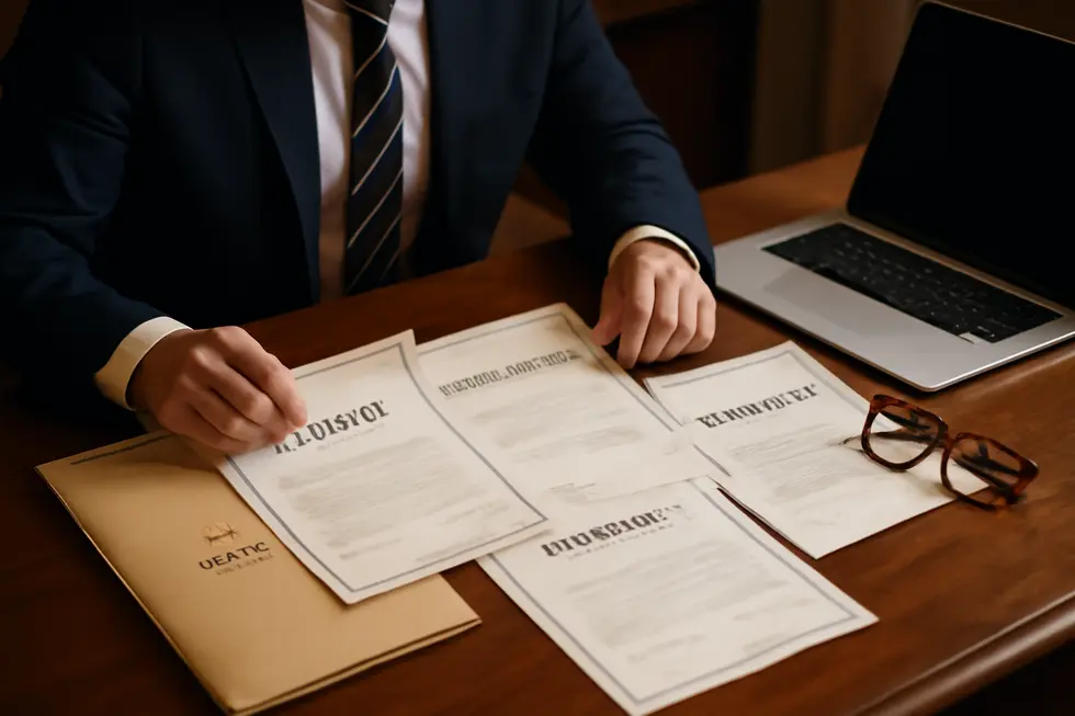 Documents representing various legal protections: patents, trademarks, copyrights, and trade secrets ready for registration and enforcement.