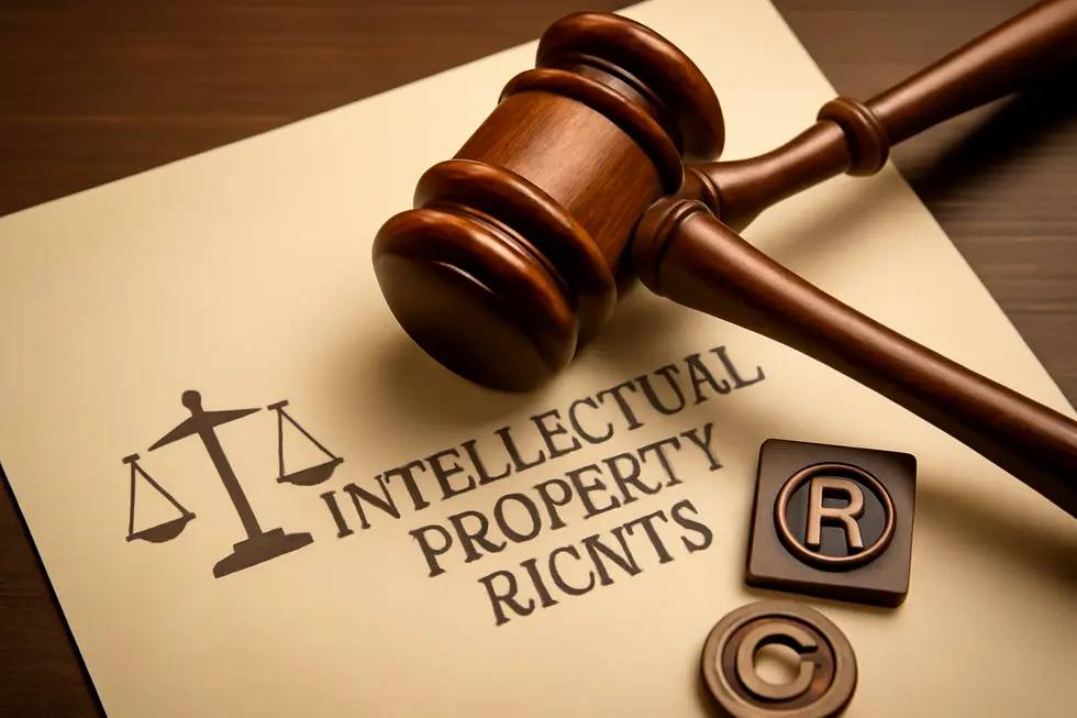 Visual depiction of copyrights and trademarks as key categories within intellectual property.