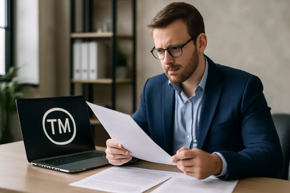 Business owner studying legal documents highlighting the protective power of trademarks.