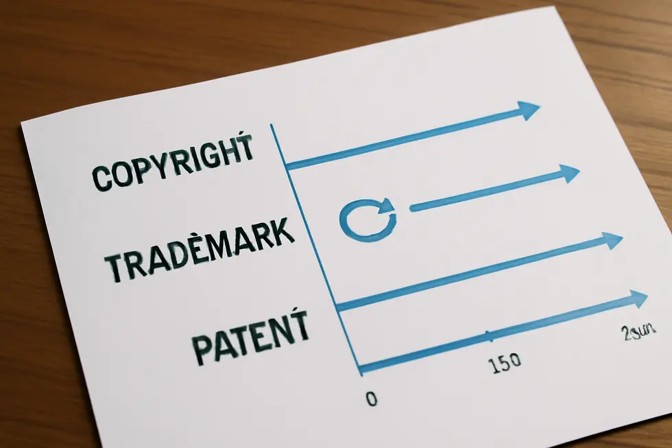 Visual comparison of copyright, trademark, and patent highlighting their unique definitions and core purposes.