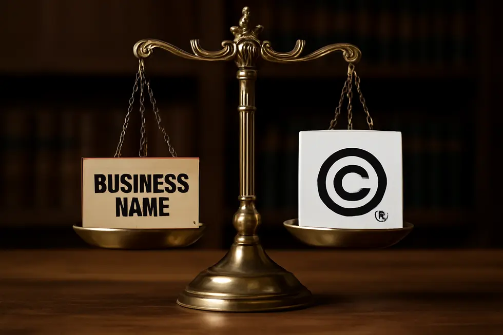 A business owner reviewing trademark protections for their name and logo with a legal expert.