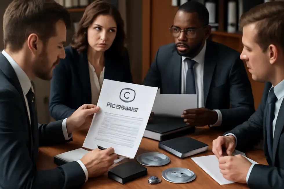 Business professionals reviewing copyright distribution rights across physical and digital media.