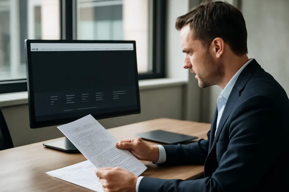 A business owner examining copyright legal documents with a website open displaying a copyright notice.