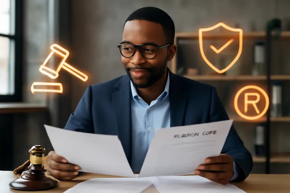 A business owner securing legal protection through trademark registration of their business name.