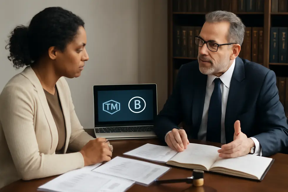 A business owner seeking legal advice about trademarking business name and logo to secure protection.