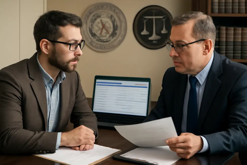 Business owner verifying company name availability at a state registry office to ensure legal compliance.