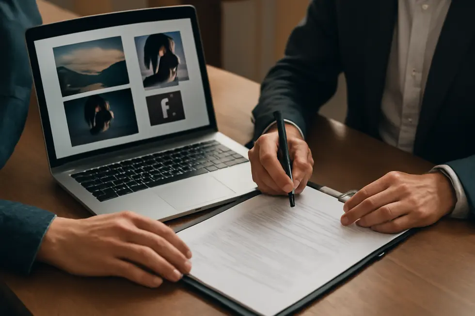 Business professionals reviewing copyright distribution rights across physical and digital media.