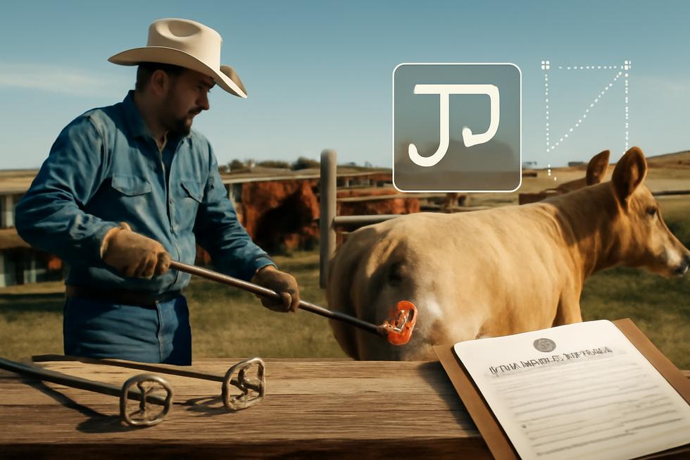 Rancher branding cattle with irons; overlay of digital brand designs and official livestock registration documents.