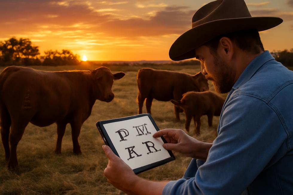 Rancher holding a tablet displaying digital livestock brand designs while observing cattle with visible brands during sunset.