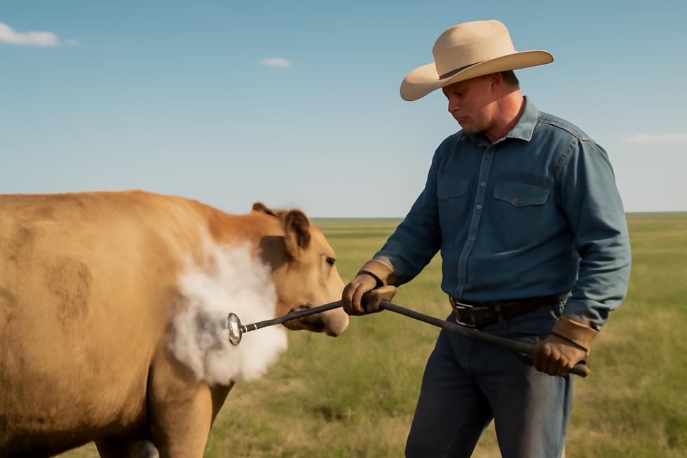 A rancher branding a cow in a sunlit pasture, illustrating the significance of livestock marking and ownership.