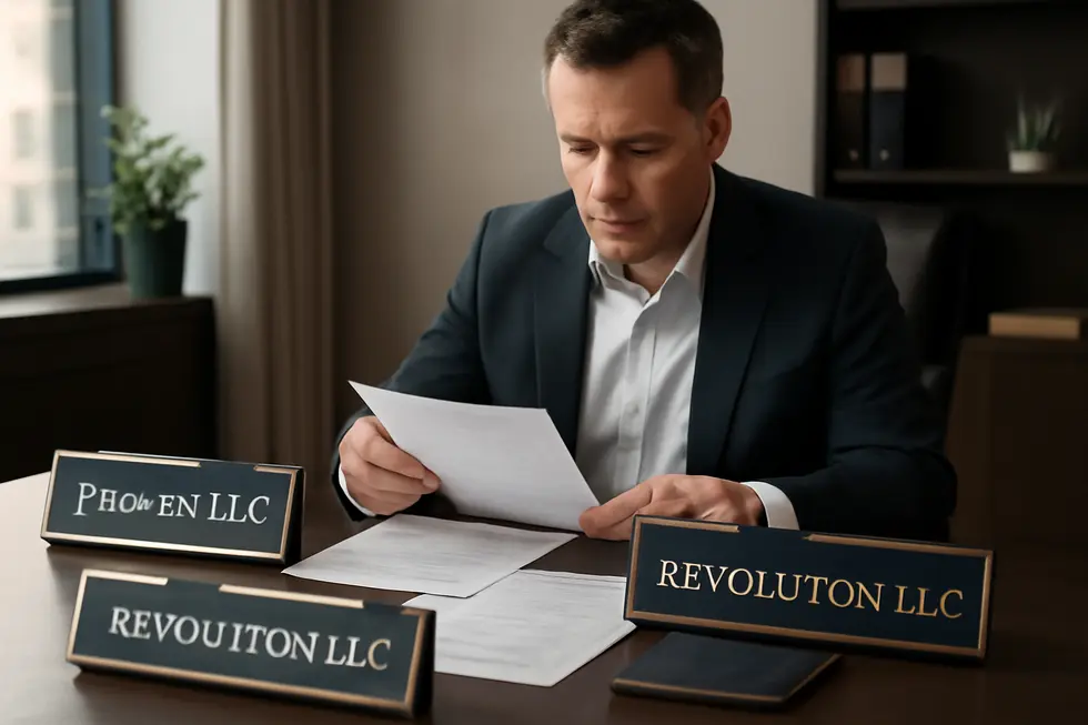 Business owner evaluating LLC company name options emphasizing professionalism and creativity.
