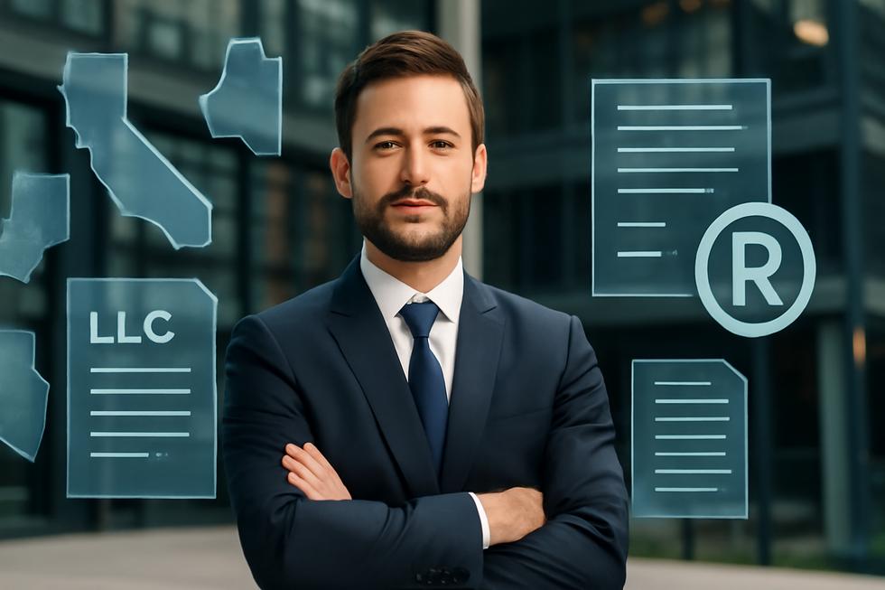 Business owner in front of office building with overlays of US state maps and trademark symbols representing LLC name protections.