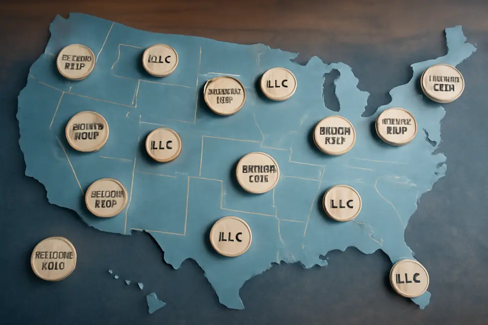 Illustration of registering an LLC business name at the state level, highlighting state authority and documentation.