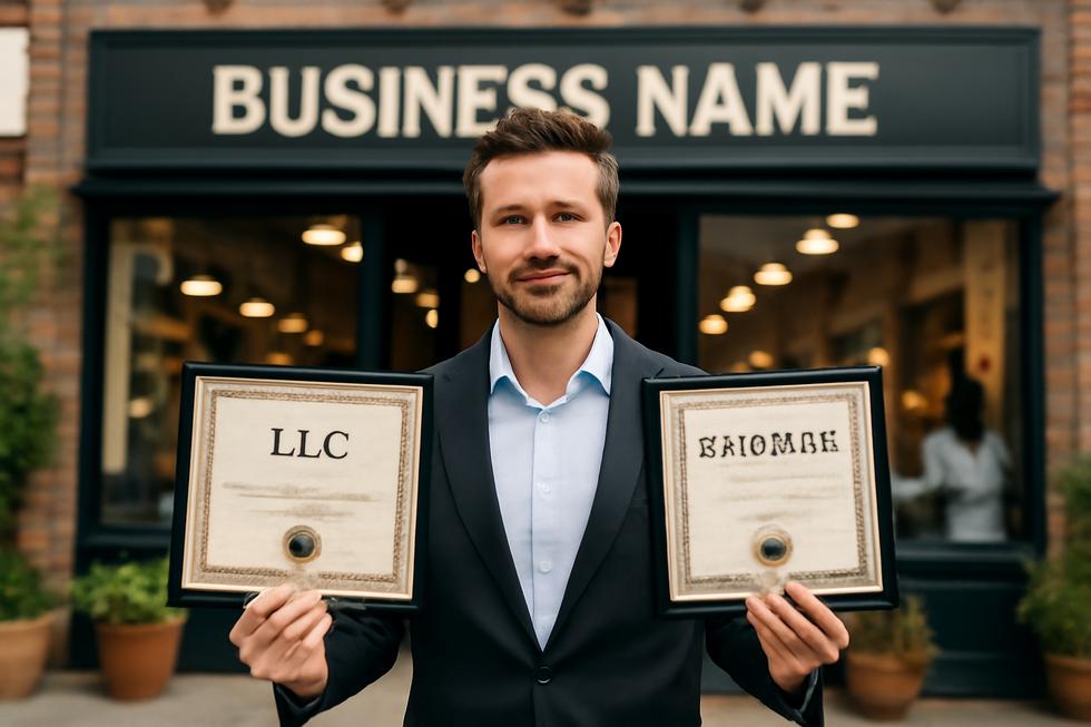 Confident business owner holding LLC and trademark certificates in front of a storefront displaying their business name