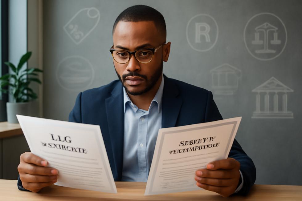 Entrepreneur seated at desk reviewing LLC and trademark certificates highlighting business protection.