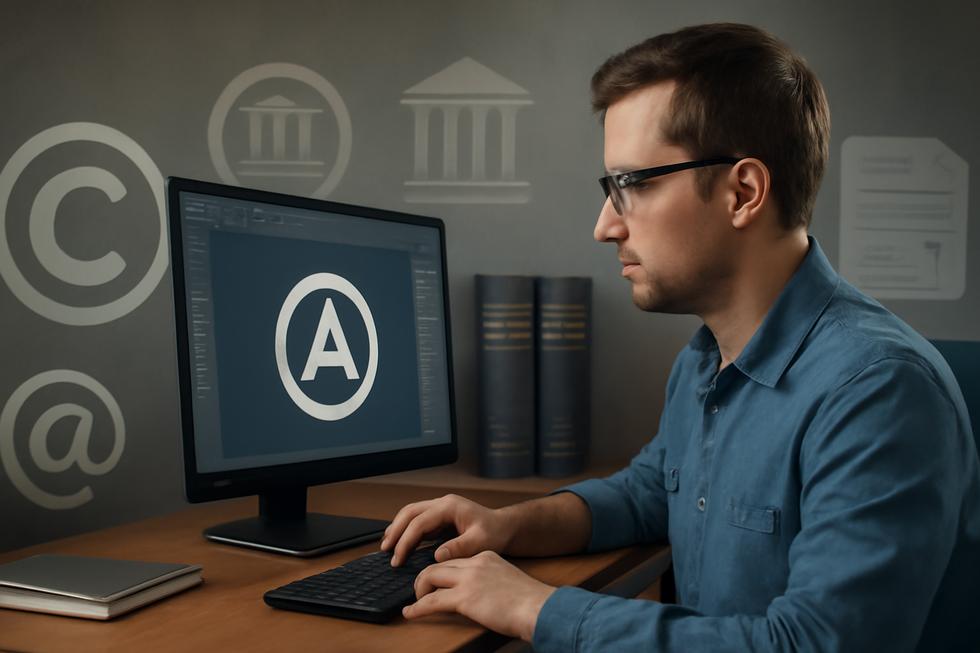 Business owner working on a digital logo with visible copyright symbols and paperwork in the background.