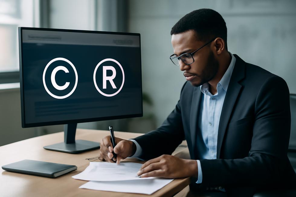 Business professional studying copyright and trademark registration documents on a digital screen.