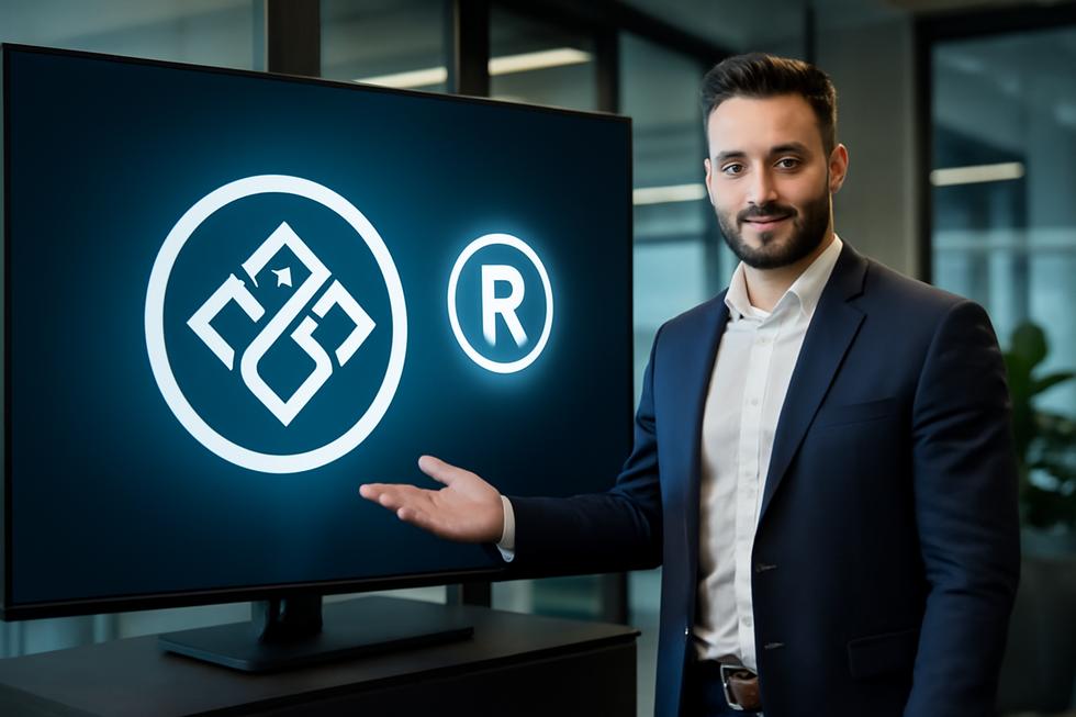 Business owner presenting a trademarked logo on a digital screen with trademark symbols.