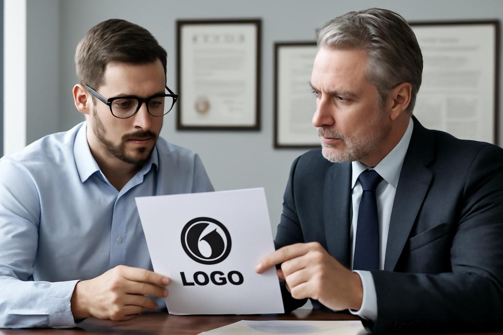 Business owner and legal expert reviewing logo design documents surrounded by intellectual property certificates.