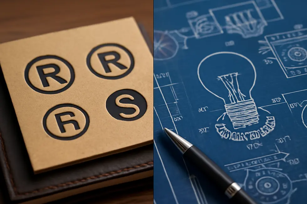 Illustration contrasting patents and trademarks to clarify protection types for business owners.