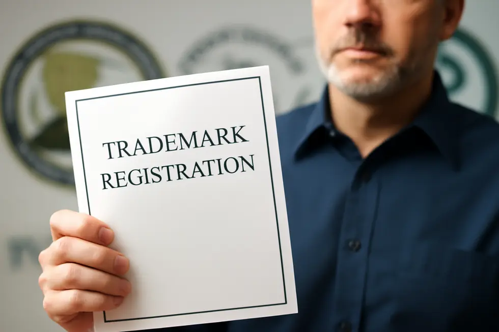 Illustration showing the distinction between patenting inventions and trademarking a business name.